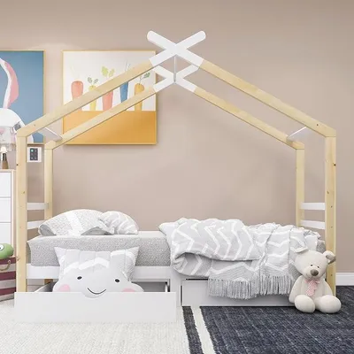 Produktbild von Hausbett Spielbett, Vielseitiges Kiefernholz Kinderbett Spielbett für Jungen & Mädchen - Massivholz Kinder Bett mit Lattenrost (90 x 200cm mit Schubladen, Weiß B)