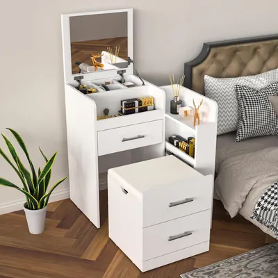 Produktbild von OYAJIA Schminktisch 3 in 1 Aufklappbarer Spiegel Schminktisch mit Hocker, Klapp-Nachttisch, 5 Schubladen, Weiß mit Schubladen, Fächern & Hocker