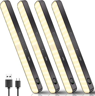 Produktbild von Ferswe-Schrankbeleuchtung LED-Bewegungssensor, Batteriepegelanzeige, Pack 4-Einheiten-Lichter, KüchenlED, USB wiederaufladbares Licht, Kleiderschrankl
