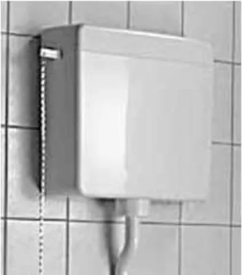 A white high-level cistern for a toilet, mounted on a tiled wall.