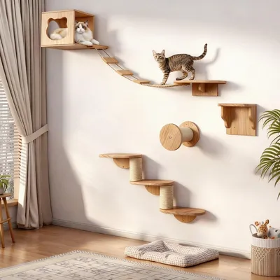 Productafbeelding van Kattenklimwand - 4-delig - Hout en sisal - Kattenmand, hangbrug en trap - Tot 12 kg