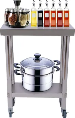 Obrázek produktu pro Pracovní stůl z nerezové oceli Stůl Gastronomie Kavárna 2 úrovně s kolečky Kuchyňský stůl pro kuchyňský bar Restaurace Nosnost 300 kg 60 x 45 x 85 cm