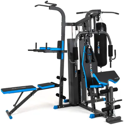 Produktbild von Kraftstation THUNDER HEAVY mit 92,5 kg Gewichtsblock, verstellbarer Trainingsbank, Butterfly, Latzug, Curlpult und Boxsack