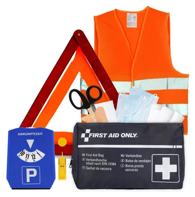 Produktbild von First Aid Only Kfz Verbandtasche DIN 13164 | Warndreieck nach ECE R27 | Warnweste EN ISO 20471:2013 | 5-in-1 Parkscheibe | Auto Pannenset