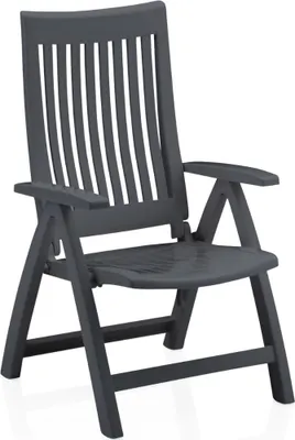 A dark gray plastic garden chair is shown against a white background.