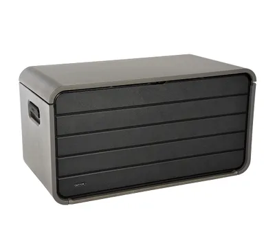 A grey and black storage box with a slatted front.