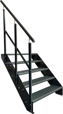 A black metal staircase with a handrail, shown against a white background.