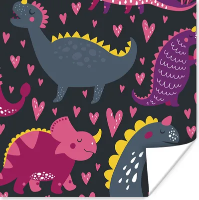 Produktbild von MuchoWow® Poster Dinosaurier - Kind - Muster - Rosa - Mädchen 100x100 cm - Babyzimmer
