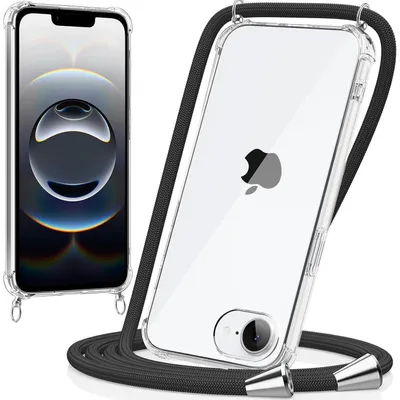 Obrázok produktu pre Puzdro na telefón kompatibilné s iPhone 16e, s popruhom na nosenie cez rameno, priehľadné, čierne