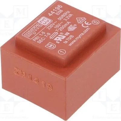 Zdjęcie produktu dla 1 x Transformator: obciążenie 213 mA, napięcie wejściowe 230 VAC, napięcie wyjściowe 15 V, montaż: 44196 - transformatory, moc 3,2 VA