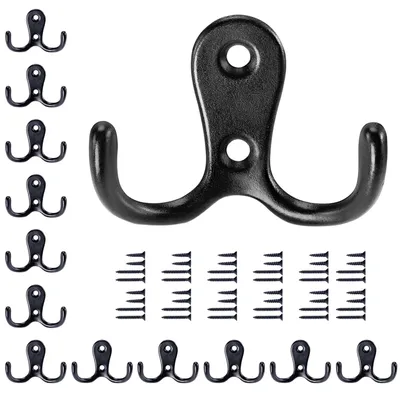 Produktbild von Schwarze Kleiderhaken, 12 Stück, Kleiderhaken im Vintage-Stil mit Schrauben, doppelte Metallhaken, Wandhaken für Bad und Küche (Schwarz, 12 Stück)