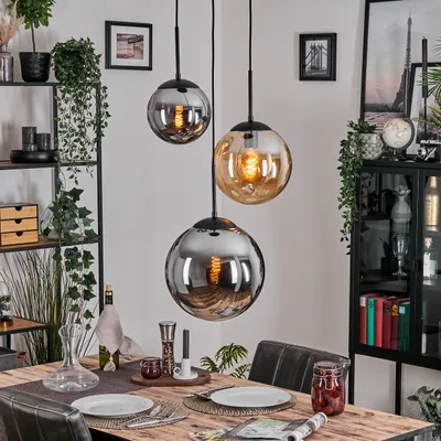 Produktbild von Fossobiubo Hängelampe aus Metall/Glas in Schwarz/Bernsteinfarben/Rauchfarben