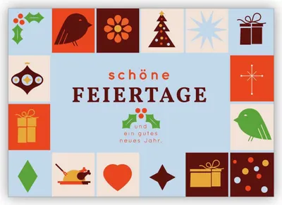 Produktbild von 4x Moderne grafische Weihnachtskarte mit Retro Weihnachtselementen: schöne Feiertage und ein gutes neues Jahr.