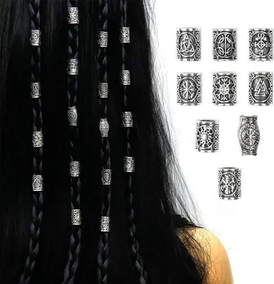 Produktbild von 9 Stück Haarspangen – Bartclip – Wikinger-Runen-Bartperlen – Wikinger-Dreadlock-Schmuck – Bartclip-Set – Skandinavische Haarschmuckperlen – Bartschmuck – Haar- und Bartperlen mit Runen für Damen und Herren – Haarschmuck – Bartverzierung