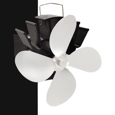 A stove fan with silver blades and a black base is shown against a split black and white background.