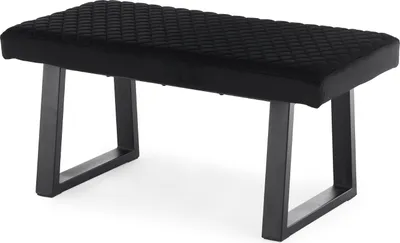 A black upholstered bench with a quilted top and black metal legs, shown from a slightly elevated side angle against a white background.