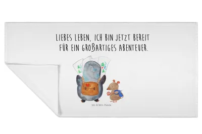 Produktbild von Mr. & Mrs. Panda Handtuch Pinguin & Maus Wanderer - Weiß - Geschenk, Abenteuer, Wandern, 50x100, Flauschtuch, Baumwollhandtuch, Pinguine, baumwolle