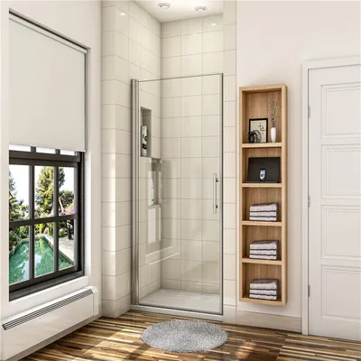 A modern bathroom with a glass shower enclosure, a window with a view of a pool, and a wooden shelving unit.