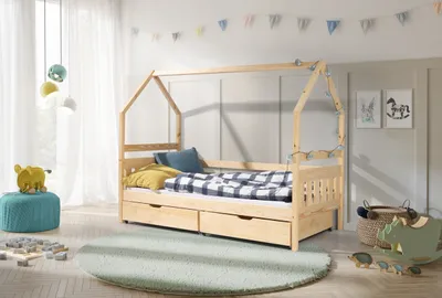 Produktbild von KEF EMMA Kinderbett 90x180 cm Hausbett Zwei Kinder Bodenbett aus Holz mit Lattenrost mit Rollen Jugendbett Kinderzimmer Naturbelassen