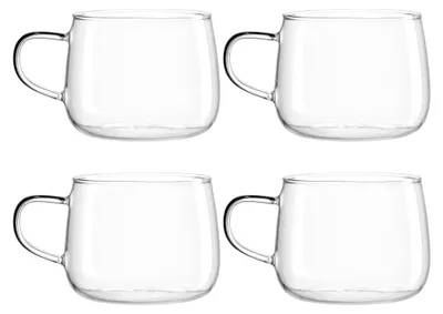 Produktbild von Teetassen 4er Set - Teebecher aus dickwandigem Borosilikatglas - Handgefertigt - Inhalt 450 ml - Spülmaschinenfest, 4 Teegläser transparent