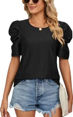 Produktbild von ASKSA Damen T-Shirt Puffärmel Shirts Einfarbige Tops Rundhals Kurzarm Sommer Oberteil, Schwarz, M