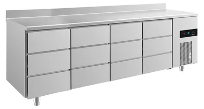Produktbild von Gastro Kühltisch | Edelstahl | 12 Schubladen | Aufkantung | 2330 x 700 x 850 mm | -2 / +8 °C | 632 Liter
