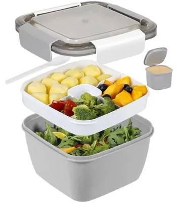 Produktbild von Auslaufsichere Bento-Lunchbox mit einer Gabel, Salatbehälter mit Dressingbehälter und 3 Fächern – Salatbox für unterwegs: Schule, Arbeit, Picknick, Reisen, Camping