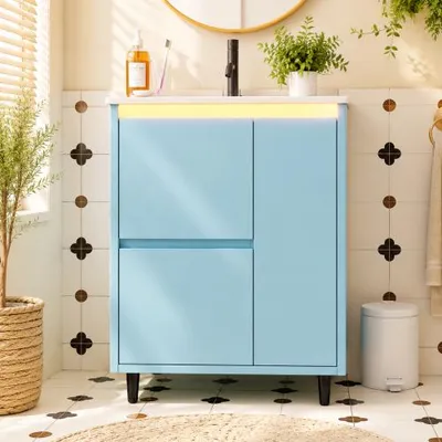 Zdjęcie produktu dla Szafka pod umywalkę z ceramiczną umywalką, zestaw mebli łazienkowych, szafka pod umywalkę, wolnostojąca szafka łazienkowa z szufladami, kolor niebieski, wymiary: 61 x 46,5 x 87 cm