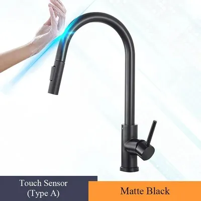 Immagine prodotto di Miscelatore da cucina con sensore - Miscelatore estraibile per lavello - Senza contatto - Rotazione a 360° - Miscelatore monocomando - Acqua calda e fredda - Acciaio inossidabile - Nero opaco