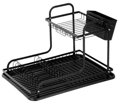 Zdjęcie produktu dla Stojak do suszenia naczyń z miską ociekającą - 2 poziomy - metal - czarny - 42,5 × 32 × 29 cm