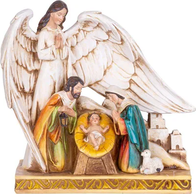 Produktbild von Dekoration MagicHome Weihnachten, Heilige Familie unter Engelsflügeln, Polyresin, 21,5 cm