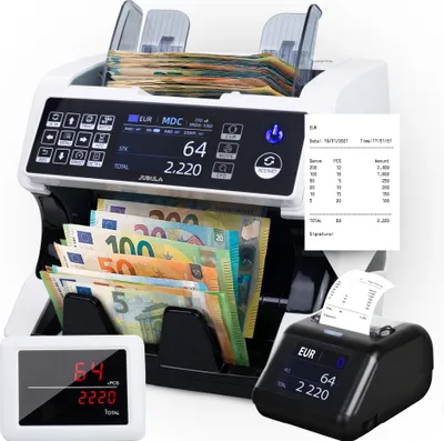 Produktbild von Jubula MV-500 Geldzählmaschine für gemischte Geldscheine Bundle mit Jubula MPR-1 Thermodrucker | Sicher| Exakt| EUR USD GBP SEK usw.| Banknotenzähler