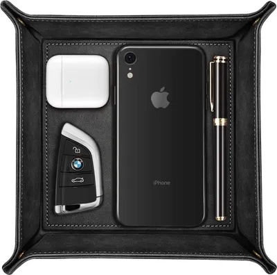 Produktbild von Taschenleerer - Tablett Organizer, Ablage Aufbewahrungsbox, Kunstleder Ablageschale Schlüsselschale für Uhren Handy Schmuck Schlüssel Münzen Geldbörse und Büroausstattung, (Schwarz)