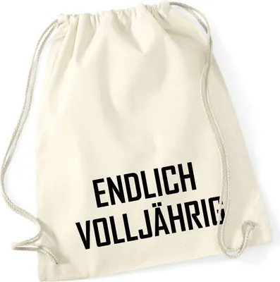 Produktbild von Huuraa Turnbeutel Endlich Volljährig Schriftzug 12 Liter Natural Baumwolle Rucksack Geschenkidee