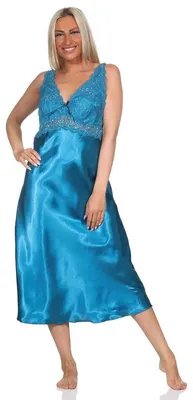 Produktbild von Damen Negligé Satin Nachtkleid Reizwäsche mit Spitze; Petrol/S