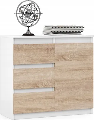 Produktbild von VBChome Kommode 80 x 35 x 75 cm mit 3 Schubladen und 1 Türen Weiß - Eiche Sonoma Grifflose Schubladenkommode Mehrzweckschrank für Flur Schlafzimmer