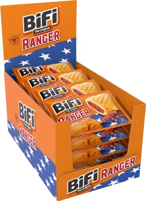 Immagine prodotto di BiFi Ranger | 20 confezioni | 20 x 50 g | snack salato in un involucro di pasta frolla | snack a base di salsiccia da abbinare a manzo, fagioli e pancetta | ideale per il viaggio
