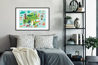 Produktbild von MuchoWow® MuchoWow® Gerahmtes Poster Weltkarte Kinder - Australien - Tiere 90x60 cm - Poster mit zchwarzem Bilderrahmen - Wanddekoration - Fotos