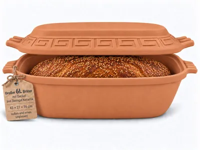 Produktbild von KERAZO große ovale 6 Liter Brotbackform mit Deckel aus Steingut, 43x27x16 cm, Bräter, Auflaufform, Gratinform, Schmortopf, Brottopf, ohne Glasur