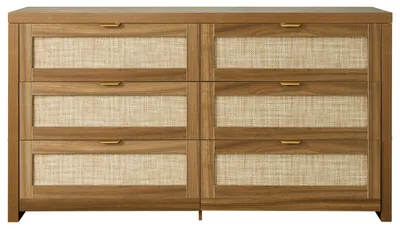 Image de Commode en rotin avec 6 tiroirs et poignées en métal, meuble de rangement en rotin moderne pour chambre, salon ou couloir (144,5 x 45 x 79 cm)