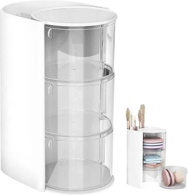 Produktbild von Unyqoos® Make-up-Organizer drehbar mit 3 Schubladen, Acryl Pinselhalter, Kosmetik-Aufbewahrung 13,4×10×18,2 cm für Schminktisch & Bad