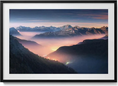 Produktbild von Berggipfel Landschaft– Wandbild mit Rahmen – Gerahmtes Bild  – Wanddekoration – 100x70 cm –  Schwarz Rahmen