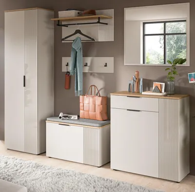 Produktbild von Garderobe Set 6-teilig "Skid" in Kaschmir Sand und Evoke Eiche 250 x 190 cm