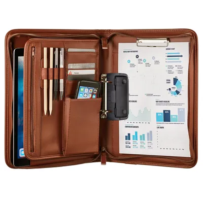 An open brown leather business portfolio with various compartments and items inside.