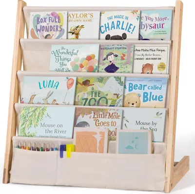 Produktbild von Caveen Kinder Bücherregal 4 Ebenen, Holz Kinderregal mit Stofffächern, Spielzimmer & Schlafzimmer, 57×30×53 cm, Naturholz