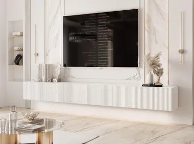Produktbild von Idohome TV-Lowboard Angel 300 cm Weiß Matt -TV-Schrank, Hängeschrank, LED, Push-to-Open, Fernsehschrank, geriffelte Front, Medienmöbel, Wohnzimmer
