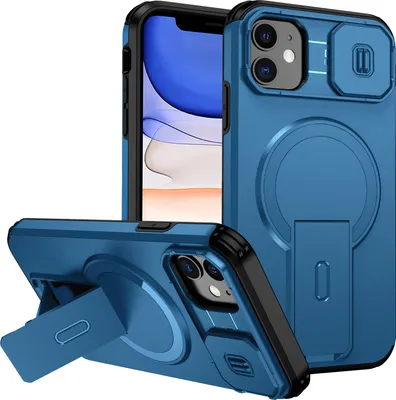 Obrázek produktu pro Magnetické pouzdro pro iPhone 11, dvouvrstvé odolné pouzdro s posuvnou ochranou fotoaparátu a nastavitelným stojánkem Modrá