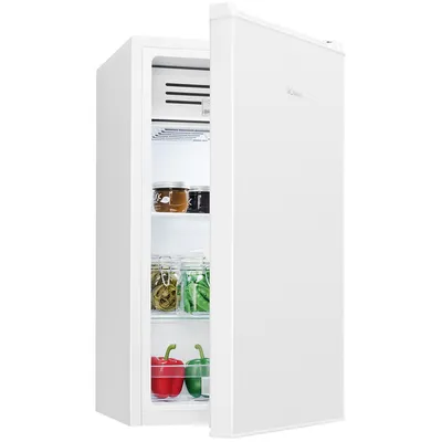 A white Bomann refrigerator with its door open, showing shelves with jars of food and two bell peppers.