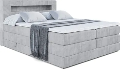 Produktbild von ALTDECOR Boxspringbett mit H3 Matratze-Bonellfederung, H4 Multipocket-Matratze (18 cm hoch) PUR, Topper (4 cm hoch), Polsterbett mit Kopfteil und Bettkasten - ORGOL2 KING - 120x200 - Hellgrau Samt