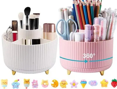 Obrázek produktu pro Otočný držák na pera, otočný o 360 stupňů, 5 přihrádek, organizér na pera, bílá a růžová, klasický, do kanceláře, do školy, domů, držák na stůl